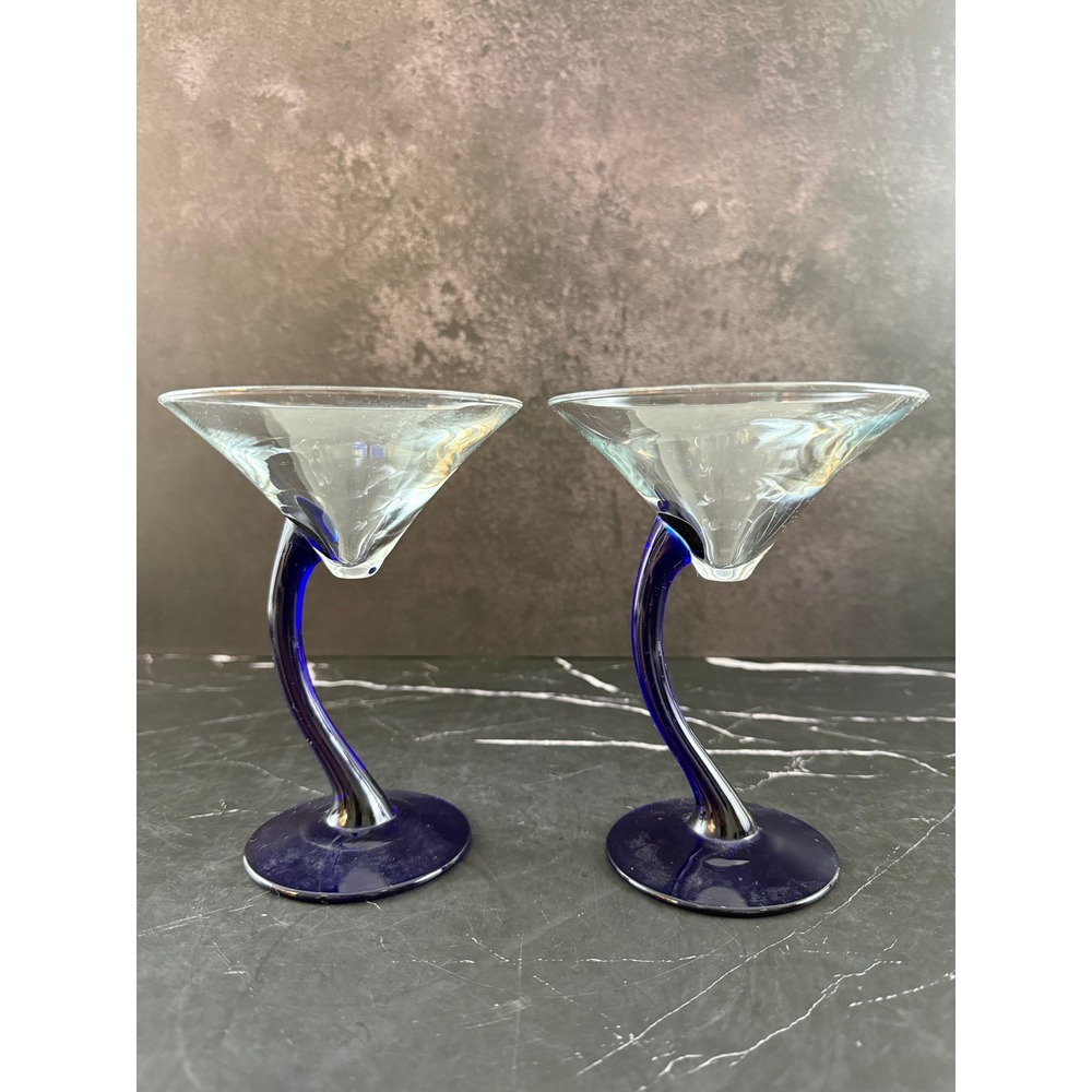 VTG PAIR (2) Libbey Bravura Martini Glasses Cobalt Blue Curved Stem 6 3/8in